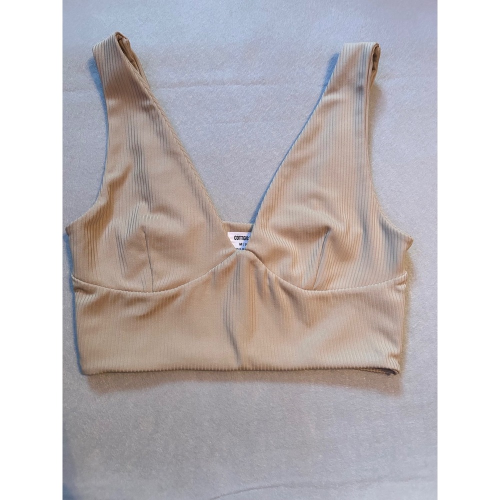 Cotton On Womens Ribbed V-Neck Bralette Crop Top Tan Beige Size M